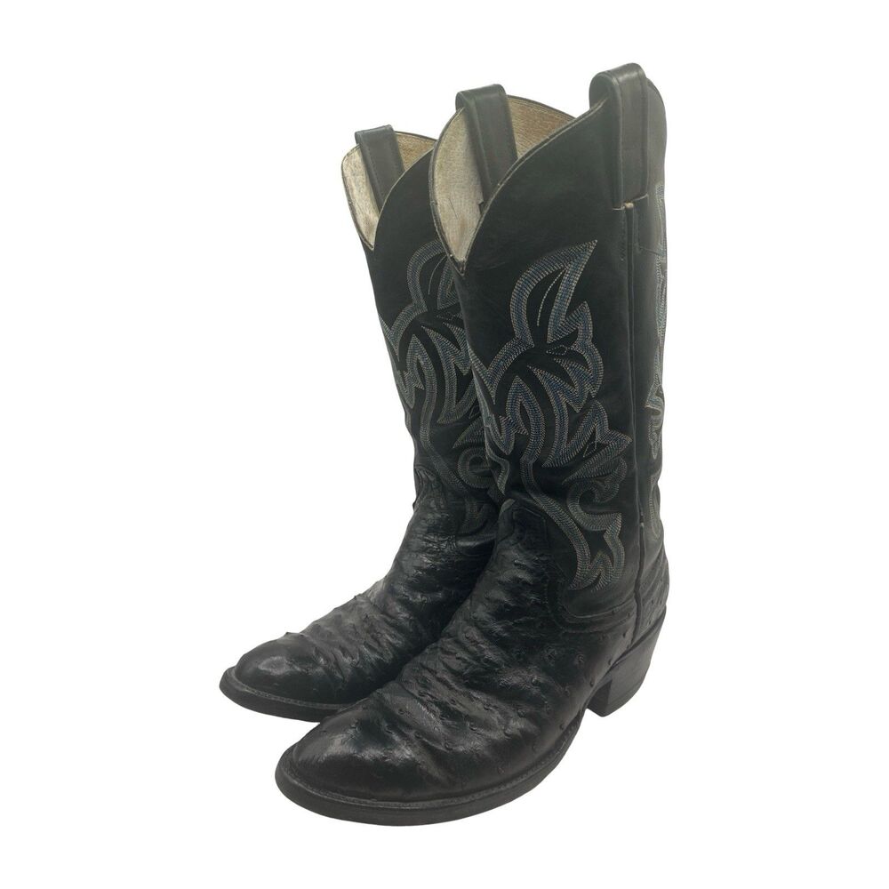 Tony Lama Boots Men's Size 7 D Black Ostrich Leather Cowboy Western USA *Worn